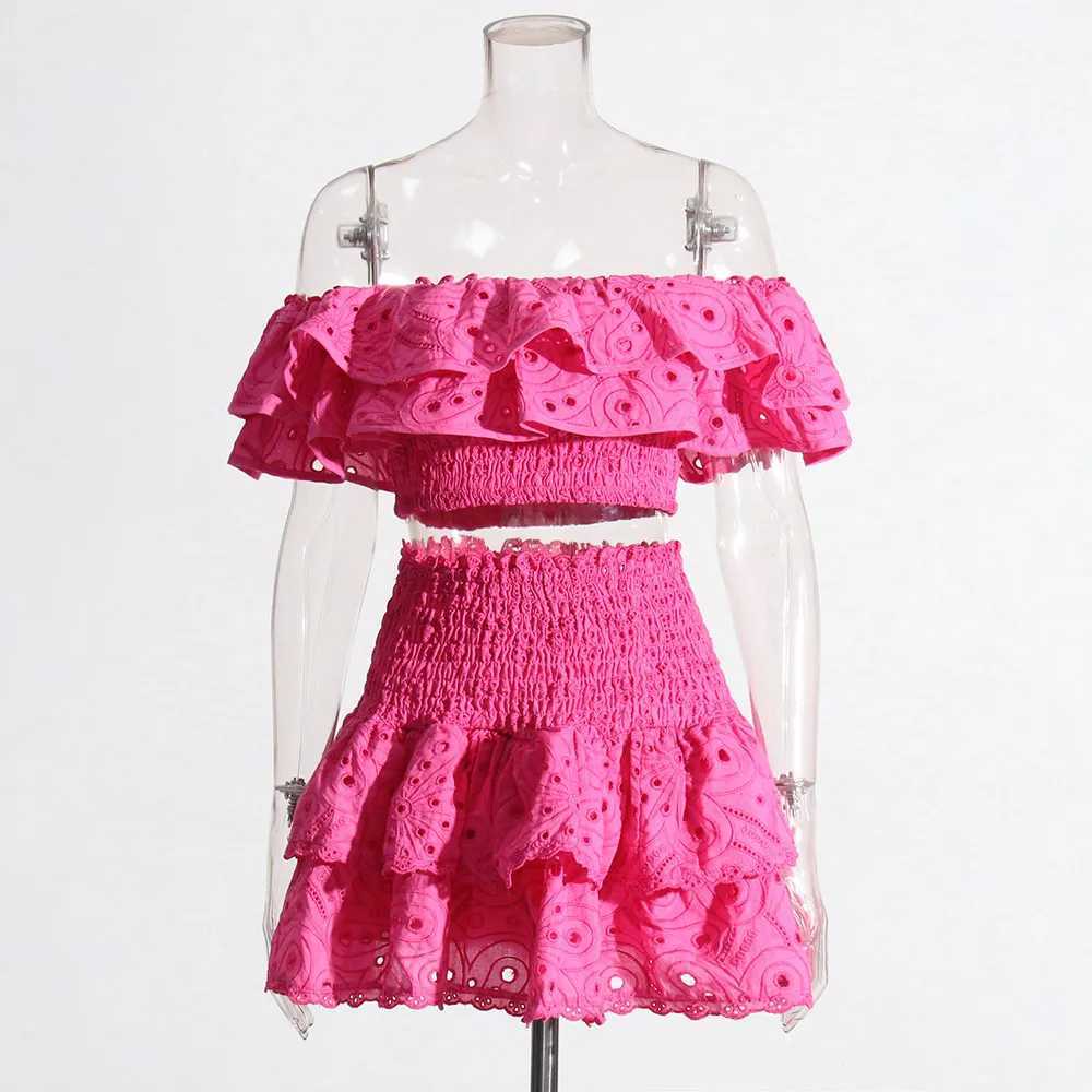 Two Piece Dress VGH ultra-thin two-piece womens slanted neck short Slve back top high waist body A-line skiing hollow set women Y250315IOE8