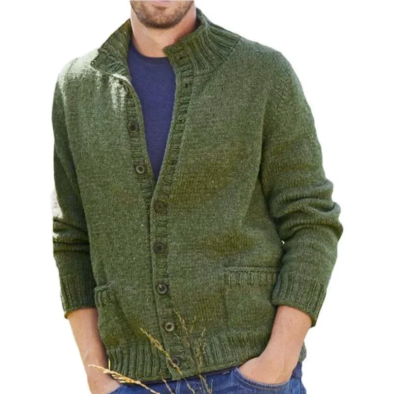 Mens Cardigan Stand Collar Coats Sweaters Knitted Coat Full Sleeve Single Breasted Solid Knit Pockets Open Stitch Autumn Winter 250311