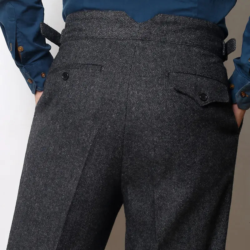 Autumn Winter Woolen Business Suit Pants Men High Waist Streetwear Casual Herringbone Straight Suit Pants Q20 250314