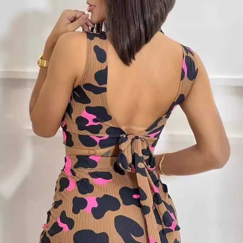 Two Piece Dress 2 Piece Set Women Outfit Summer Fashion Leopard Print Tied Detail Round Neck Slvel Backl Top High Waist Slit Skirt Set Y2503151NHO