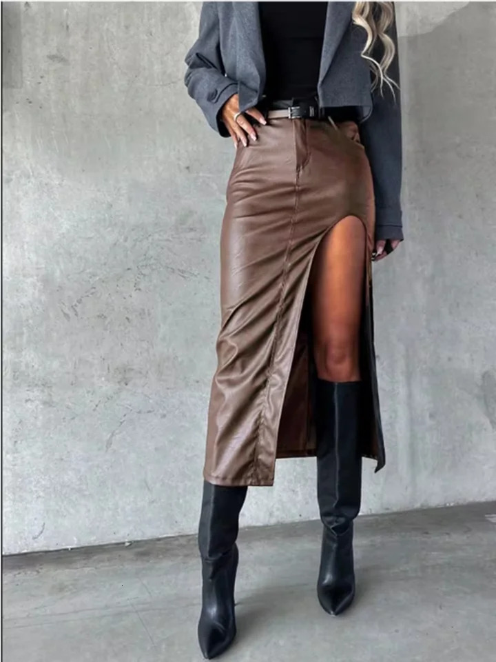 Womens Mid Pu Leather skirt solid Color slit sexy Hip Hugging High Street Party Fashion Punk Style Autumn Skirt 250312