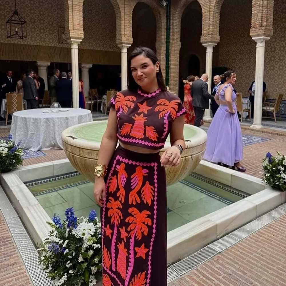 Two Piece Dress PB ZA2025 Summer New Product Casual Womens Fashion Posture Printed Slvel Round Neck Top Set Y2503156D6J