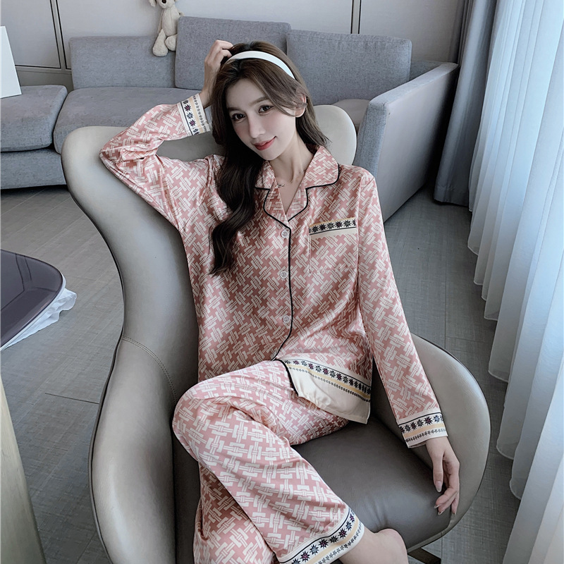 B784-Spring ice silk pajamas for women with fixed-point plaid print long-sleeved trousers two-piece suit plus-size cardigan home clothes suit