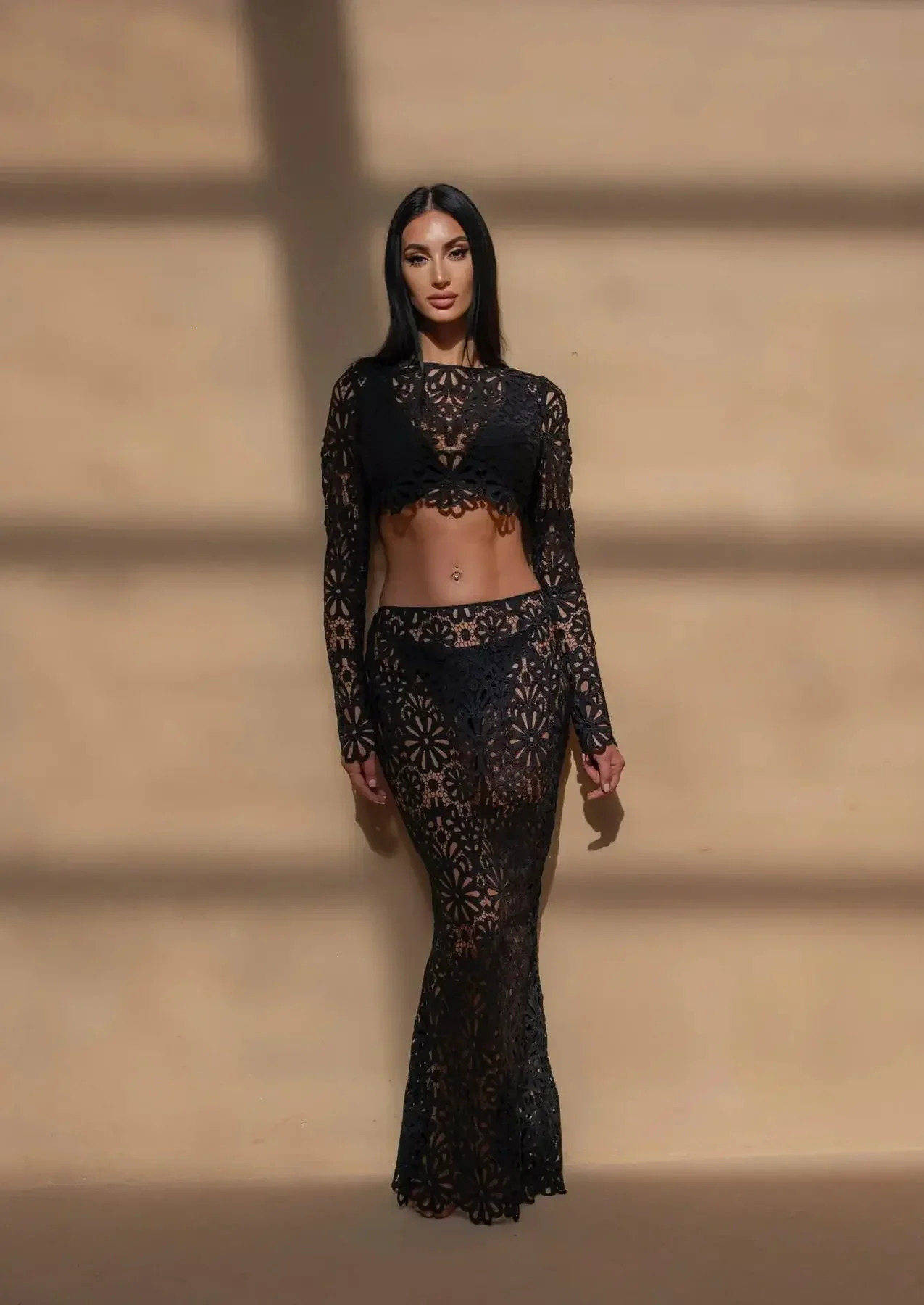 Women Sexy Lace Hollow Out Short Top Skirt Two Piece Sets Female Casual Beach Vacation Fashion Elegant Slim Summer Dress Set250312