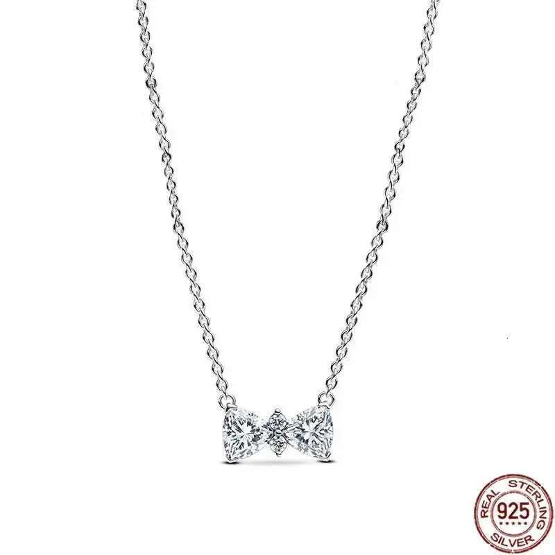 2025 New 925 Sterling Silver Classic Shiny Heart and Bow Square Pendant Necklace fit Charm DIY Women's Jewelry Surprise Gifts