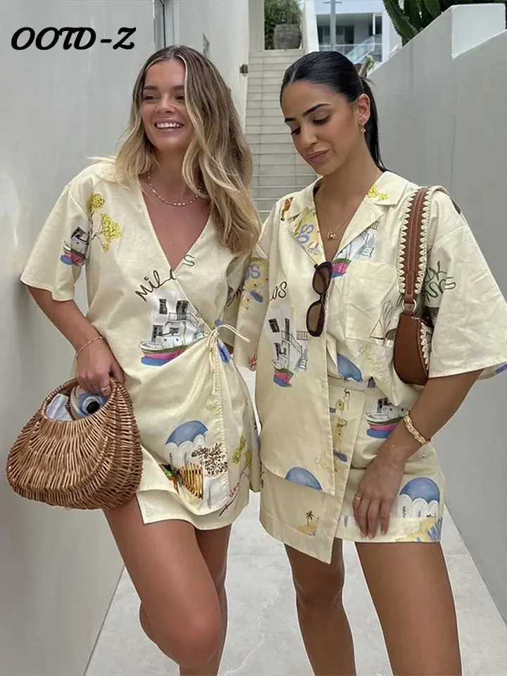 Two Piece Dress Flip collar single chest womens shirt set wide leg high waist womens shorts set 2025 casual chic leisure vacation womens set Y2503156L
