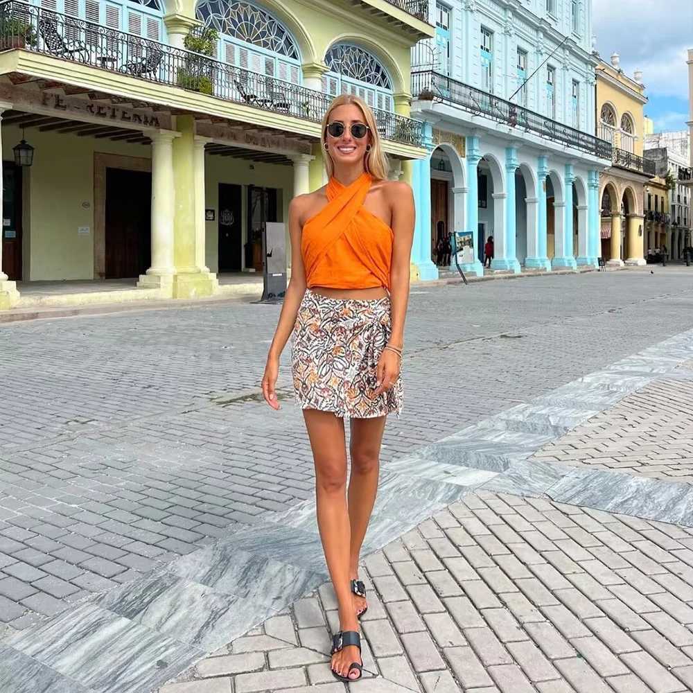 Two Piece Dress INS Fashion Vibrant Orange Front Cross Design Back Pleated Short Womens Sexy Cotton Linen Blended Tank Top ZATAF 2025 New Style Y25031