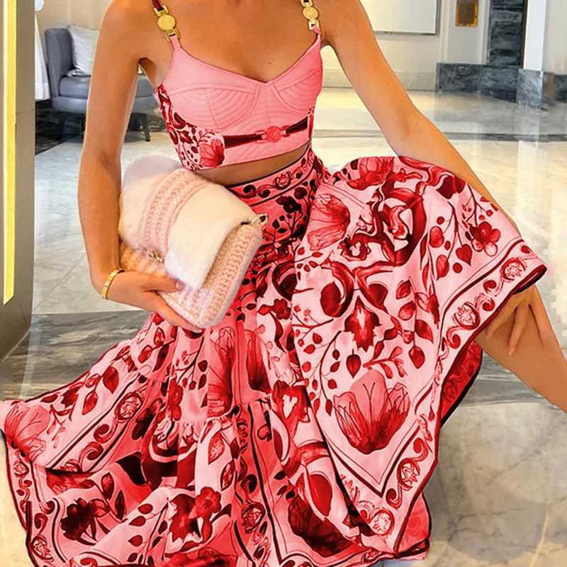 Two Piece Dress New Matching Set Womens Fashion Printed Short Top Maxi Skirts 2PCS Set Summer Slvel Casual Clothing Womens Set Direct Shipping Y250315
