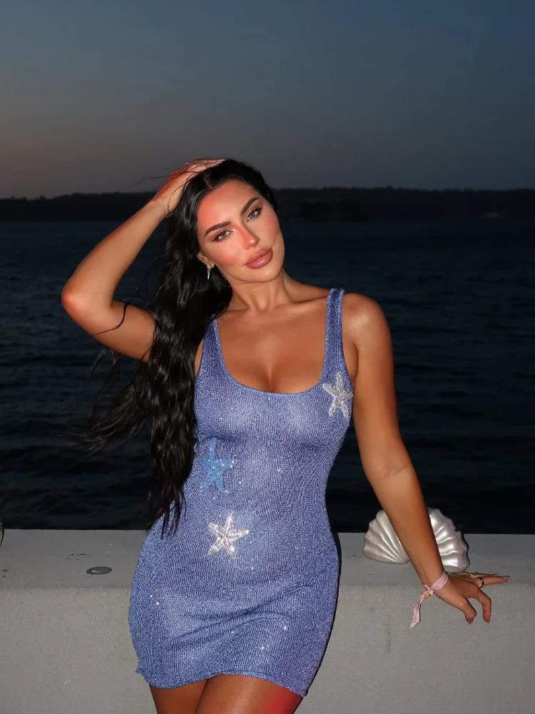 Shiny Sequins Stars Knitted Mini Dress Womens Elegant U-neck Backless Sleeveless Vestidos 2025 Lady Beach Party Gowns 250314