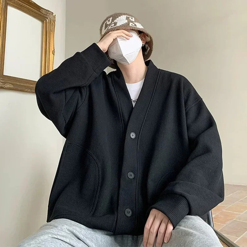 2024 Korean Fashion Cardigan For Men Autumn Solid Color Y2K Streetwear Sweatshirts Casual Vintage Loose Jackets Sweaters 250311