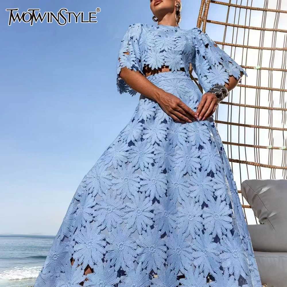 Two Piece Dress TWOTWINSTYLE Solid Two Piece Set for Women Round Neck Half Slve Top High Waist A Line Fashion Skirt Female Summer Suit Female Y250315Y
