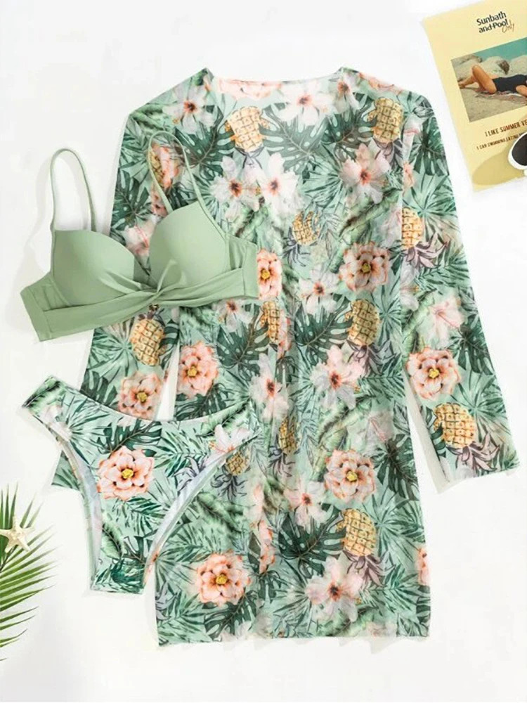 Three Pieces Bikini Set Beach Skirt Tunics For Beach Cover Up Swimsuit Women Ruffle Biquini Bathing Suit Summer Beach Wear 250314