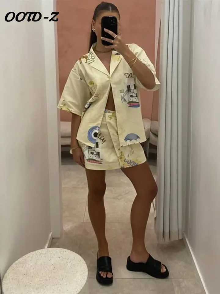 Two Piece Dress Flip collar single chest womens shirt set wide leg high waist womens shorts set 2025 casual chic leisure vacation womens set Y2503156L