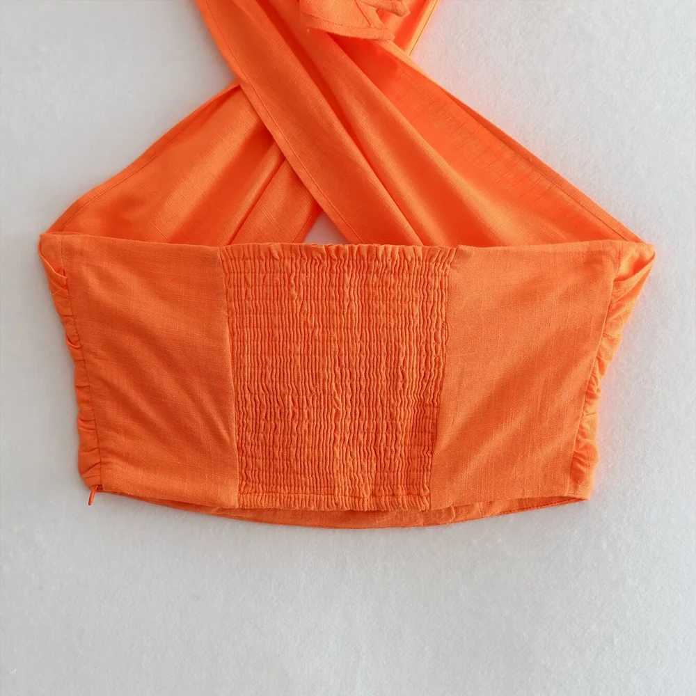 Two Piece Dress INS Fashion Vibrant Orange Front Cross Design Back Pleated Short Womens Sexy Cotton Linen Blended Tank Top ZATAF 2025 New Style Y25031