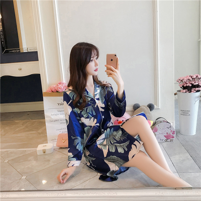 B354-Sexy pajamas for women in summer with a collar and ice silk suspenders, mid-length, spring and autumn, small chest, thin style