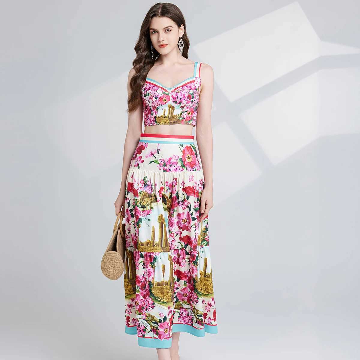 Two Piece Dress Summer Holiday Crop Tops Long Skirts Suits Women Two Piece Sets Flower Print Bustier Corset Tops A Line Midi Skirts 2pcs Outfits Y2503