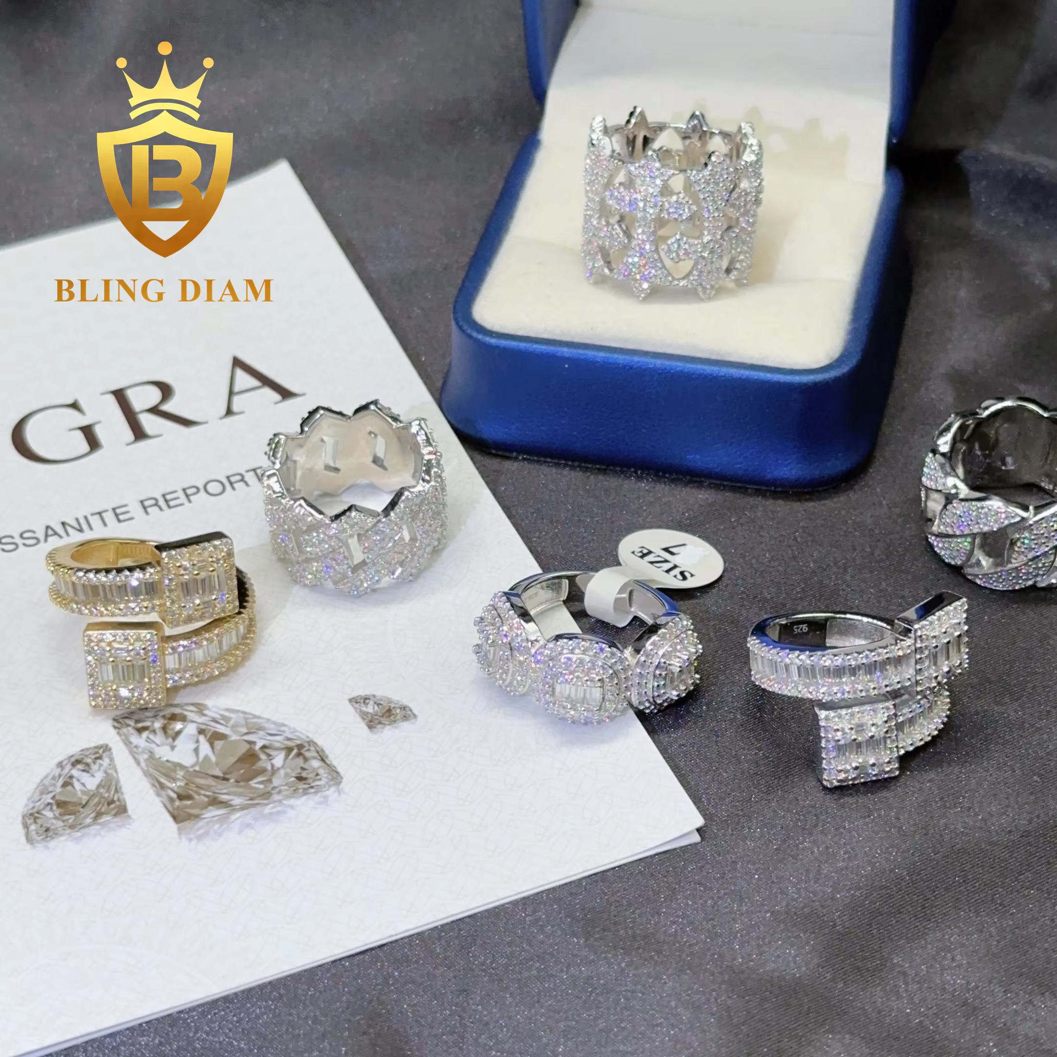 Drop Shipping Fashion Jewelry Many Style 925 Sterling Silver Iced Out Hip Hop Ring Man Moissanite Rings