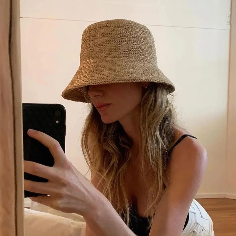 Natural Raffia er Beach Sun Hat for Women Handmade Crochet Straw Hat Ladies Spring Summer Bucket Hat Floppy Fisherman Cap250305