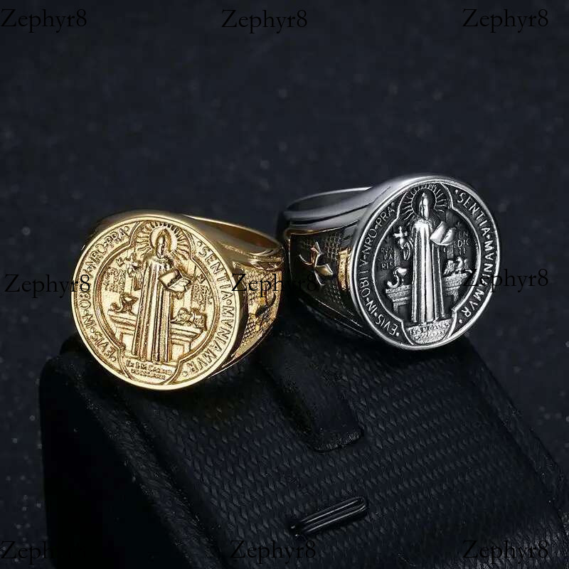 2025 New model Titanium Steel Catholic Patron Saint St Benedict of Nursia Holy Medal Cross Round Finger Rings for Men Punk Jewelry