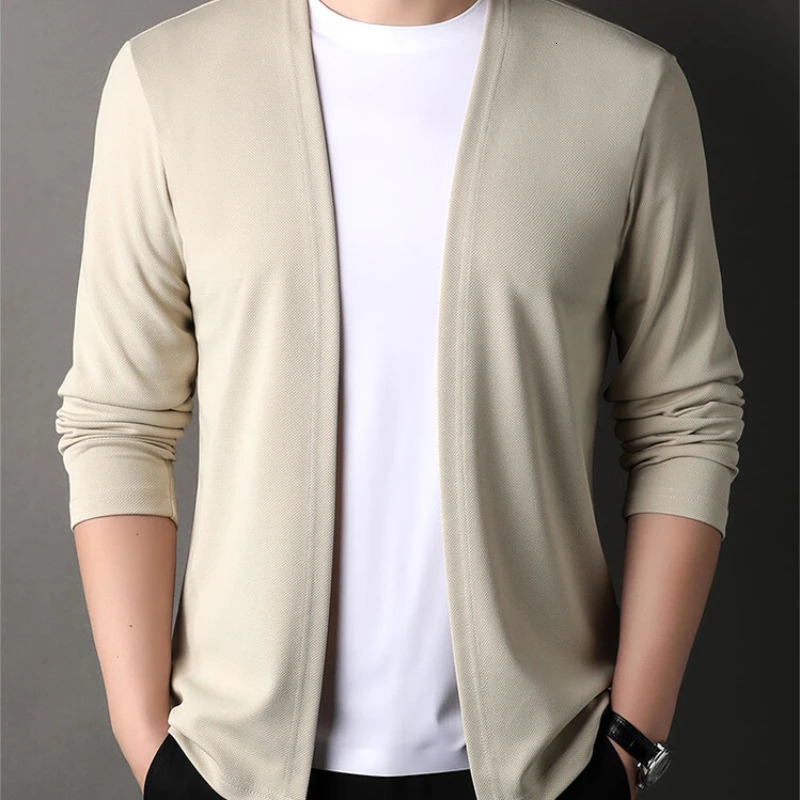 Lightweight solid color mens automatic long sleeved cardigan sweater Vneck casual daily wear buttonless jacket stretchable 250311