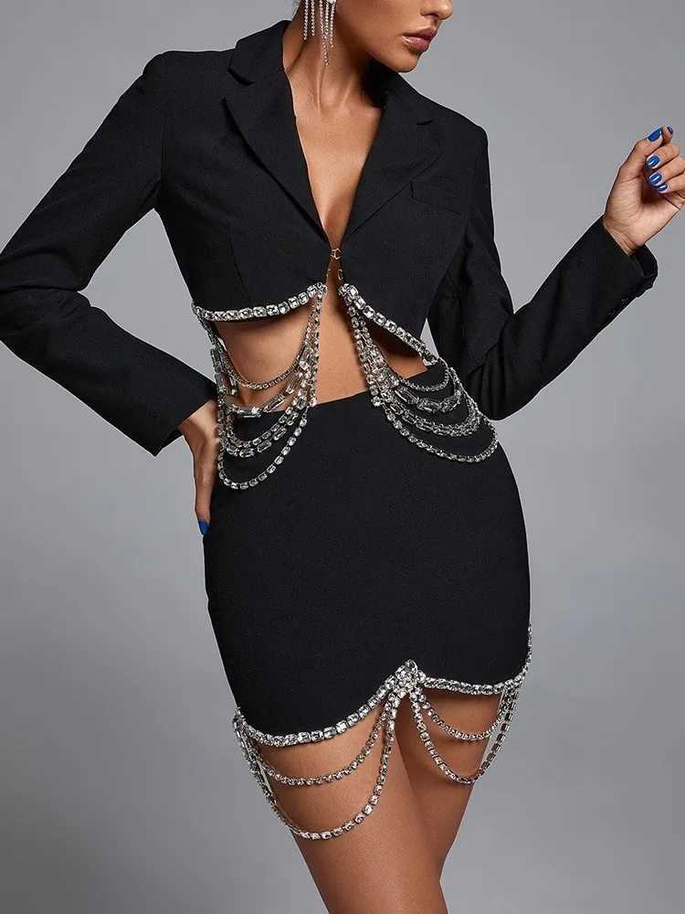 Two Piece Dress TWOTWINSTYLE Spliced Diamonds Two Piece Sets For Women Lapel Long Slve Tops High Waist Skirt Sexy Set Female Fashion Clothing Y250315D