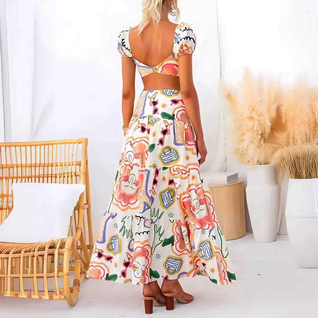 Two Piece Dress Short Top Maxi Skirts Two Pieces Sets Women Summer Loungewear Printing Patchwork Outfit 2025 Fashion Beach Style Ladies Suits Y2503158