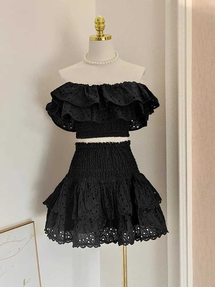 Two Piece Dress Summer Holiday Two Piece Womens Cotton Embroidered Sexy Slanted Collar Ruffle Top and High Waist Short Shirt Beach Set Y250315X6FA