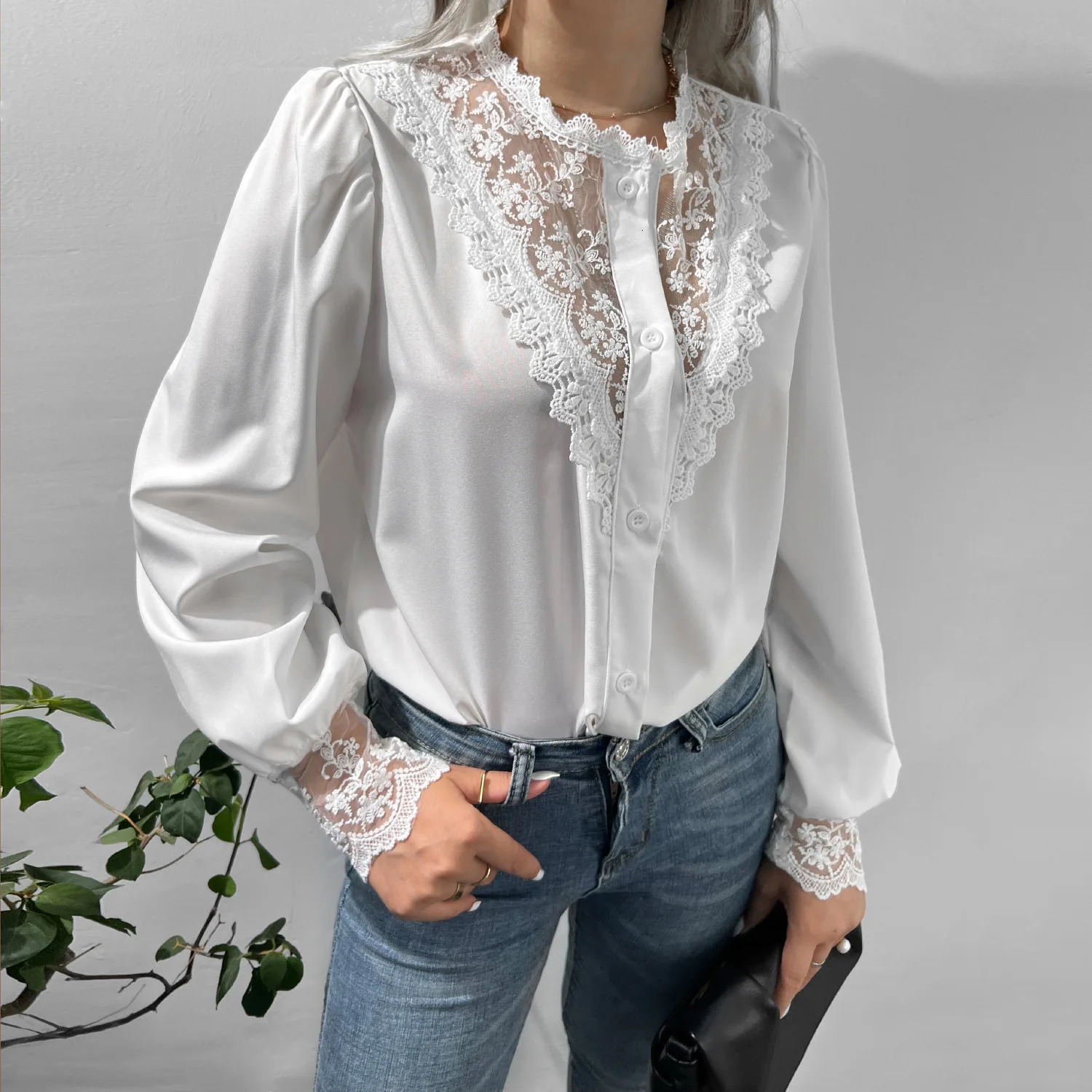 Spliced Lace Seethrough Neck Top Lantern Sleeves Long Sleeved Black OL Trend Casual Shirt And Blouse Women Clothes Elegant 250312