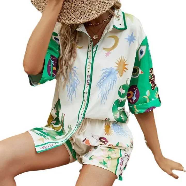 Women's Two Piece Pants 2025 Summer Women Flowers Design Printed 2 Piece Set Short Slve Shirt Blouse Top Loose Shorts Female Suit Hawaii Holiday 