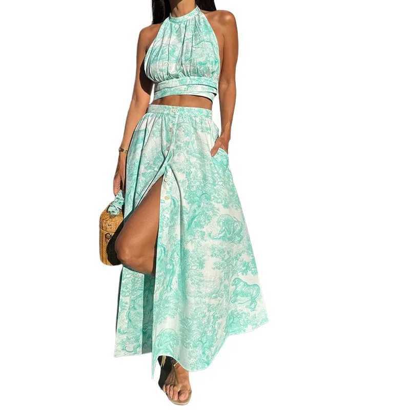 Two Piece Dress 2025 Womens Warm New Vacation Style Printed Strap Top Skirt Set Elegant and Fashionable Two Piece Set Y25031567NL
