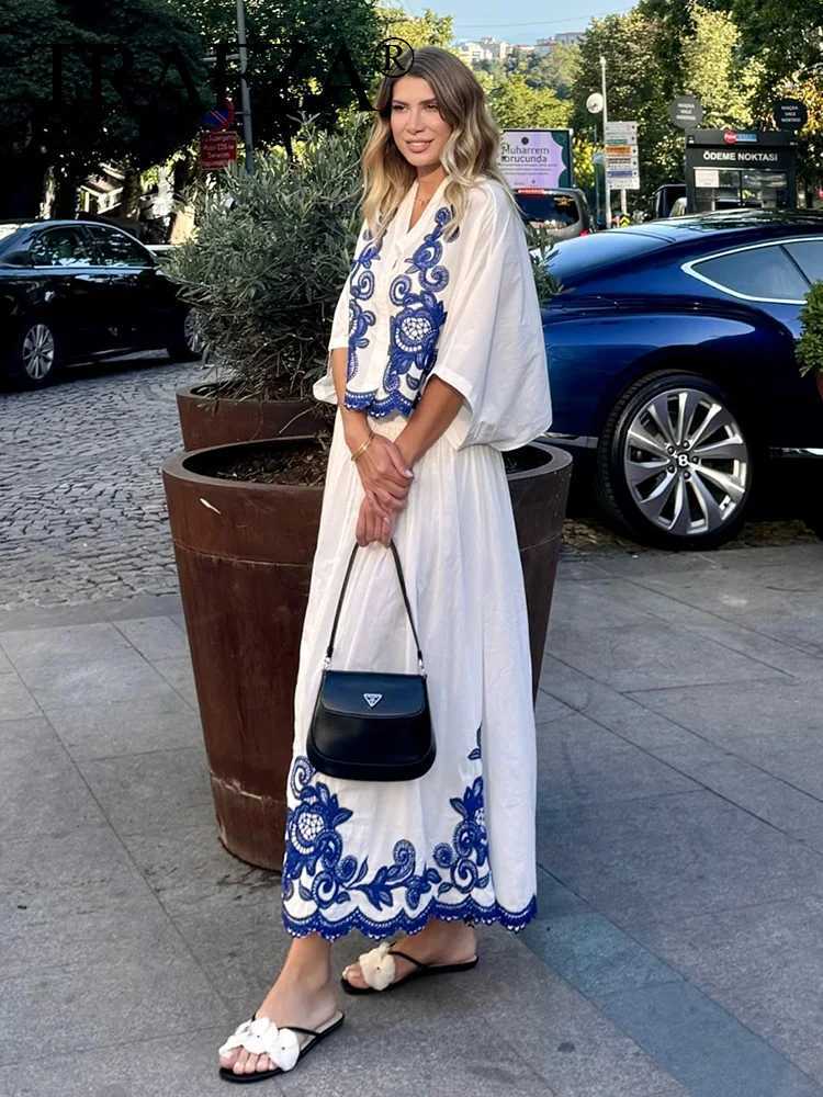 Two Piece Dress TRAFZA 2025 Women Skirt Set Blue Embroidery Single-Breasted V Neck Shirt +Folds High Waist Casual A Line Long Skirt Beach Style Y25031