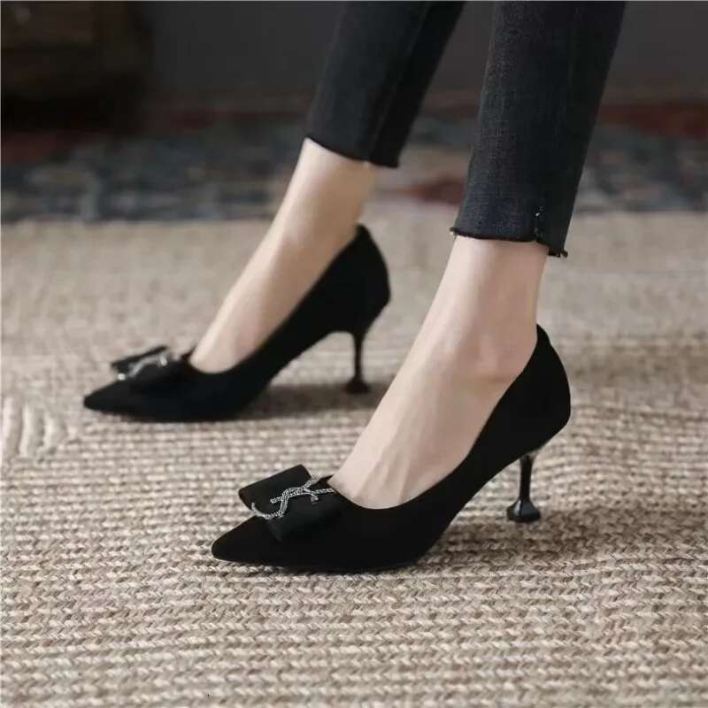 new style metal buckle design suede shallow mouth pointed stiletto black sexy party wedding women's high heels