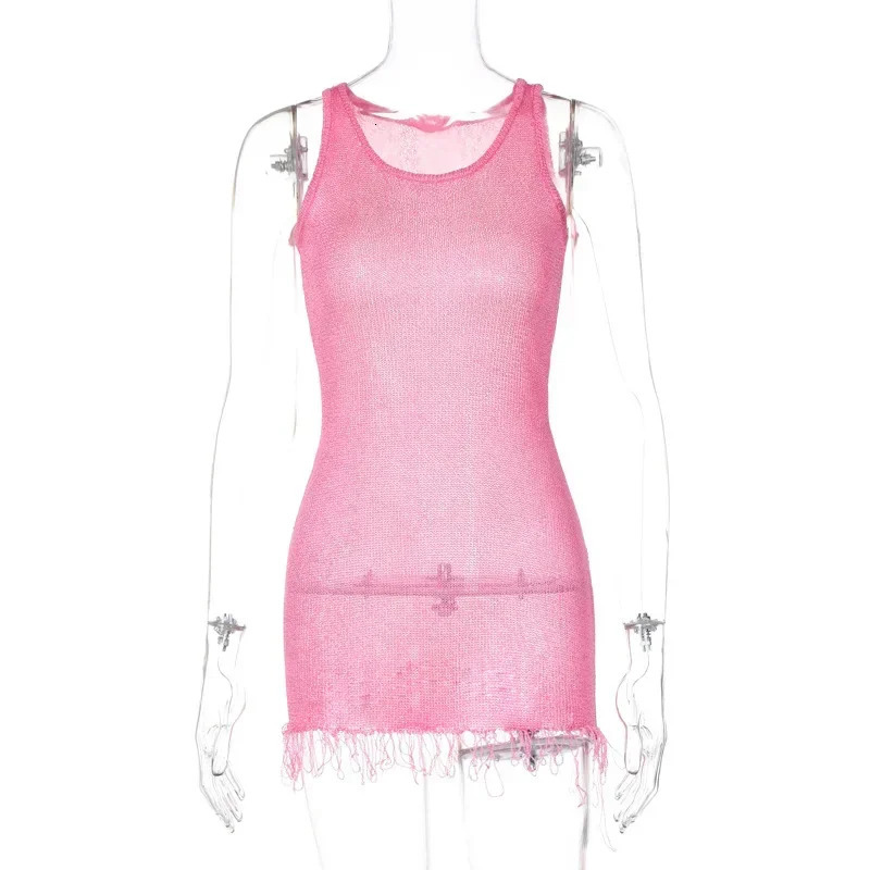 Summer Tassels Knit Y2K Streetwear Bodycon Beach Mini Dress Sundress Women Sleeveless Party Club Short Dresses Outfits Gift 250314