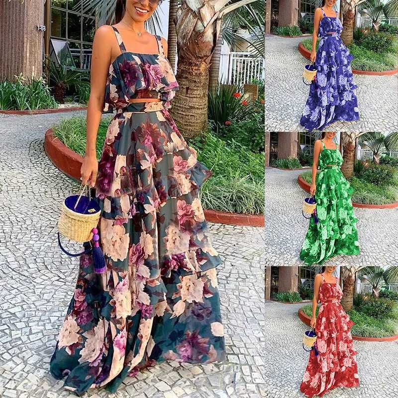 Two Piece Dress Bamboo Boy 2-piece womens fashionable floral elegant print Slvel short top+loose high waisted pleated long skirt set Y250315KMT8
