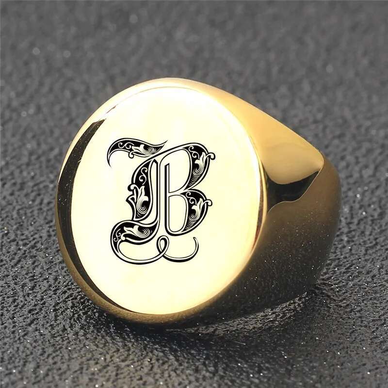 2025 model ZORCVENS New Punk Gold Color A-Z 26 Letters Initial Name Rings for Men Big Round Stainless Steel Wedding Ring Jewelry Gifts