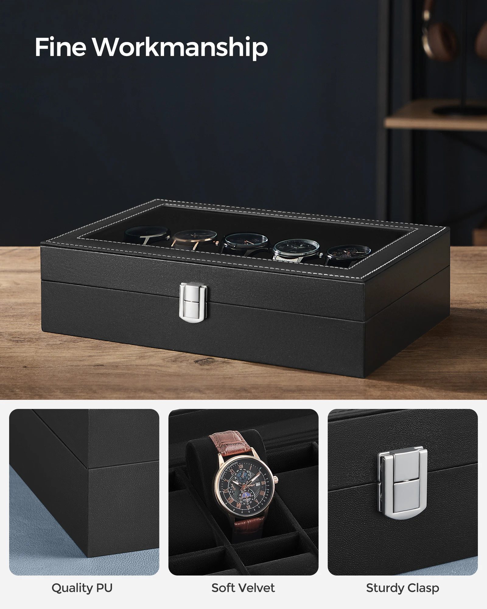 SONGMICS Watch Box 12-Slot Case with Large Glass Lid Removable Pillow Watch Storage Organizer Gift for Men Women 250311