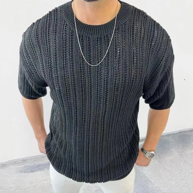 Spring Knitting Custom Tees Sweater For Men Slim Fit O-Neck Solid Hollow Mesh Man Pullover Autumn Long Sleeve Stretch Tops 250314