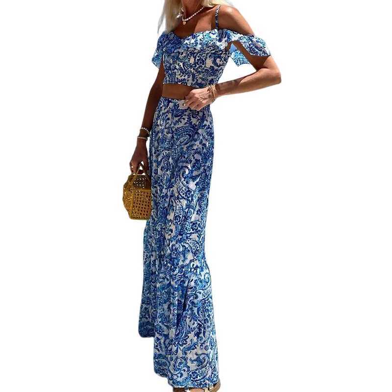 Two Piece Dress Bohemian Printed Strap Bra Shoulder Top and High Waist Long Leather Set for Womens Elegant Vacation Two Piece Dress Set Y250315CEIG
