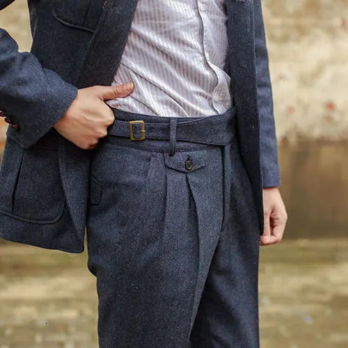 Autumn Winter Woolen Business Suit Pants Men High Waist Streetwear Casual Herringbone Straight Suit Pants Q20 250314
