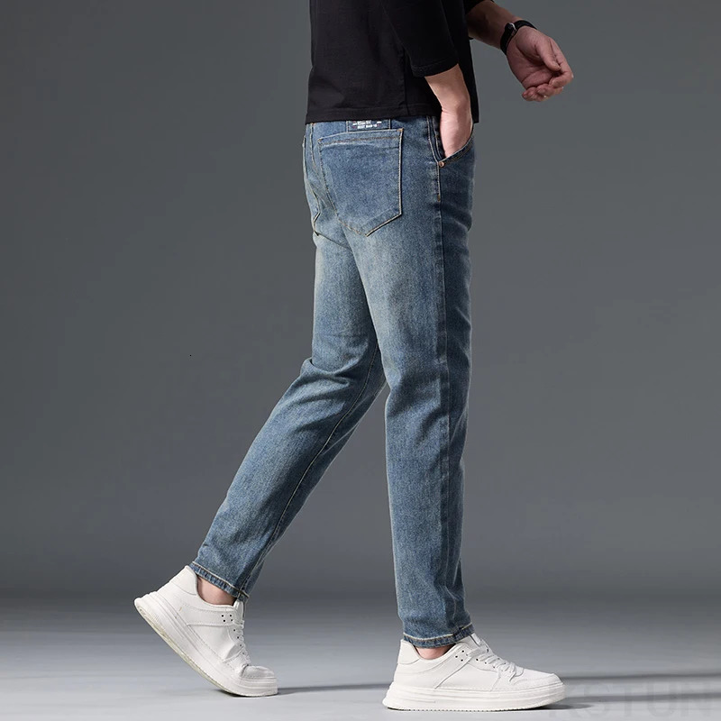 KSTUN Stretch Jeans Men Slim Fit Anklelength Pants Retro Blue Denim Fashion Pockets Designer Mens Clothing Streetwear 250312