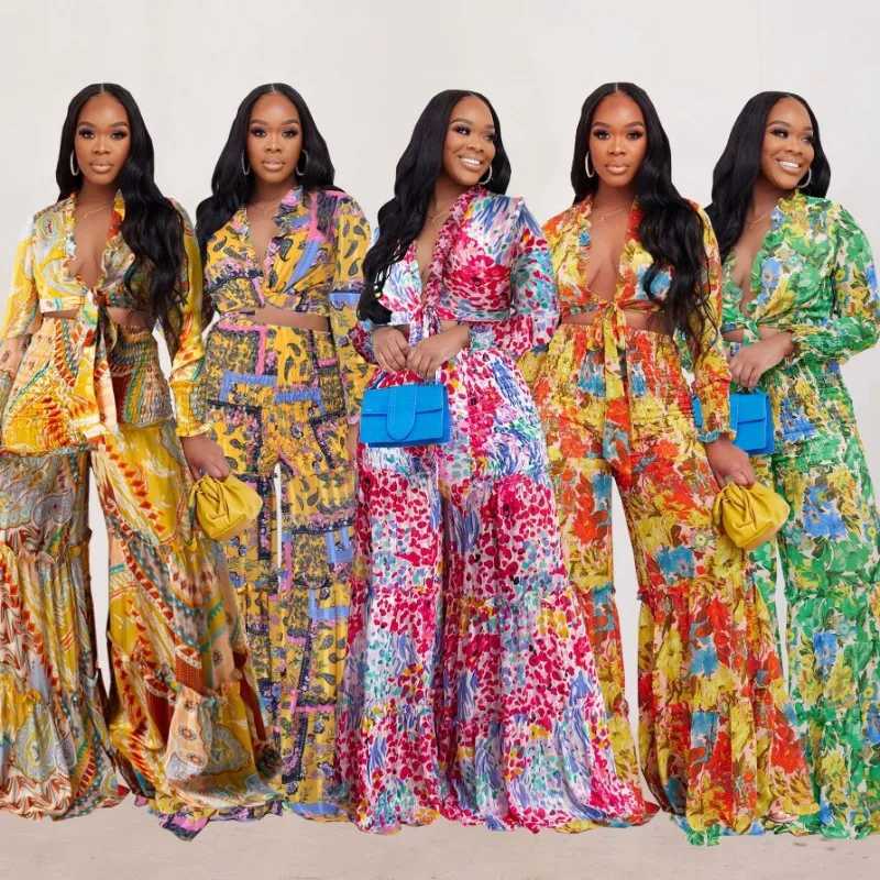 Women's Two Piece Pants Flower print 2-piece set for womens elegant lace top loose wide leg pants holiday Bohemian pairing set Y250315UDVC