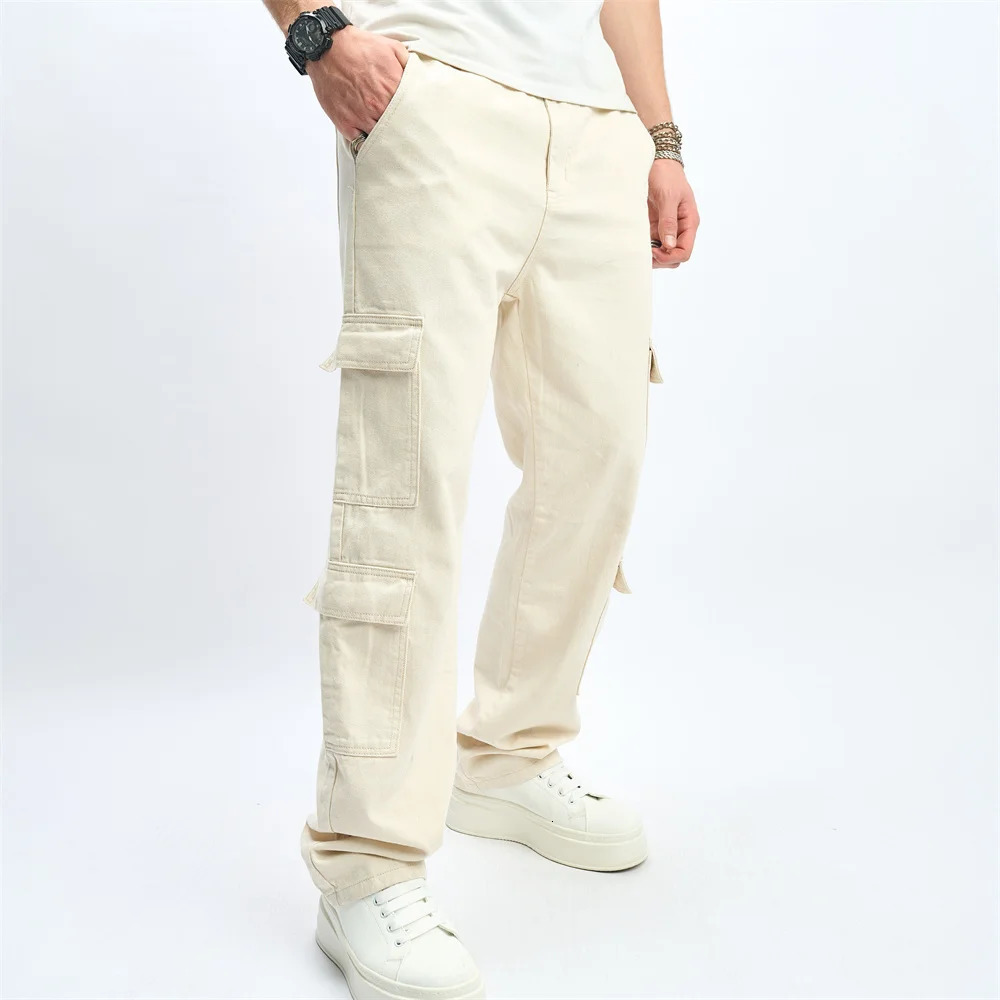 Streetwear Men Multiple pockets Cargo Loose Jeans Trousers Good Quality Male Stylish Straight Casual Denim Pants 250312