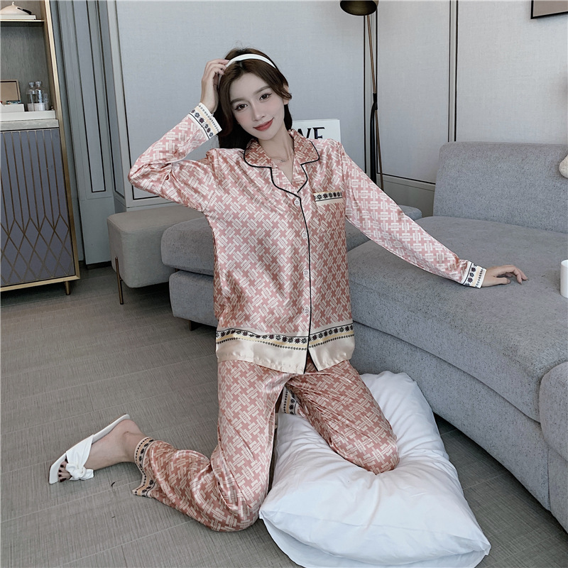 B784-Spring ice silk pajamas for women with fixed-point plaid print long-sleeved trousers two-piece suit plus-size cardigan home clothes suit