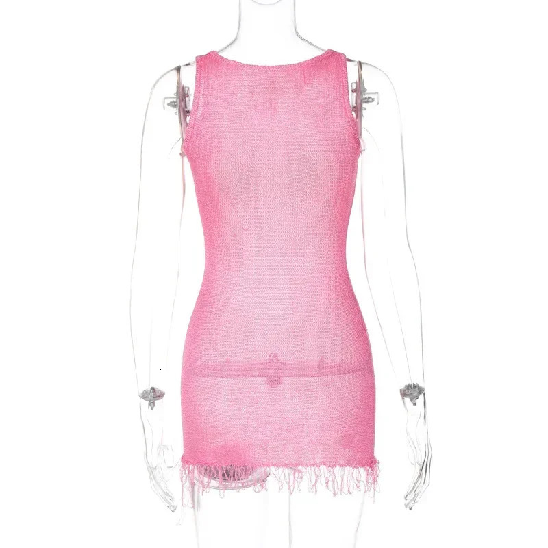 Summer Tassels Knit Y2K Streetwear Bodycon Beach Mini Dress Sundress Women Sleeveless Party Club Short Dresses Outfits Gift 250314