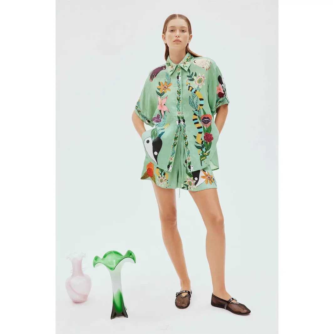 Two Piece Dress Fashion hemp rope pull flower Macaroon lapel shorts set 2025 new independent station Europe US cross-border Y250315E28X