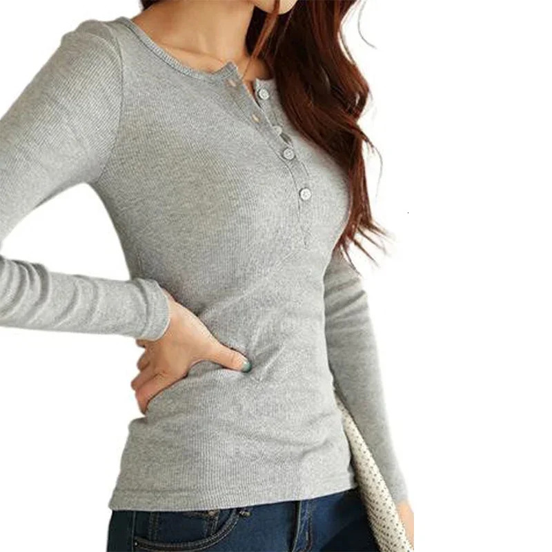 Autumn womens button long sleeved T-shirt casual retro top slim fit thin collar T-shirt 250314
