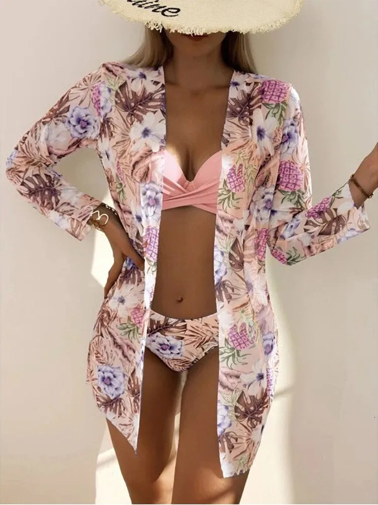Three Pieces Bikini Set Beach Skirt Tunics For Beach Cover Up Swimsuit Women Ruffle Biquini Bathing Suit Summer Beach Wear 250314