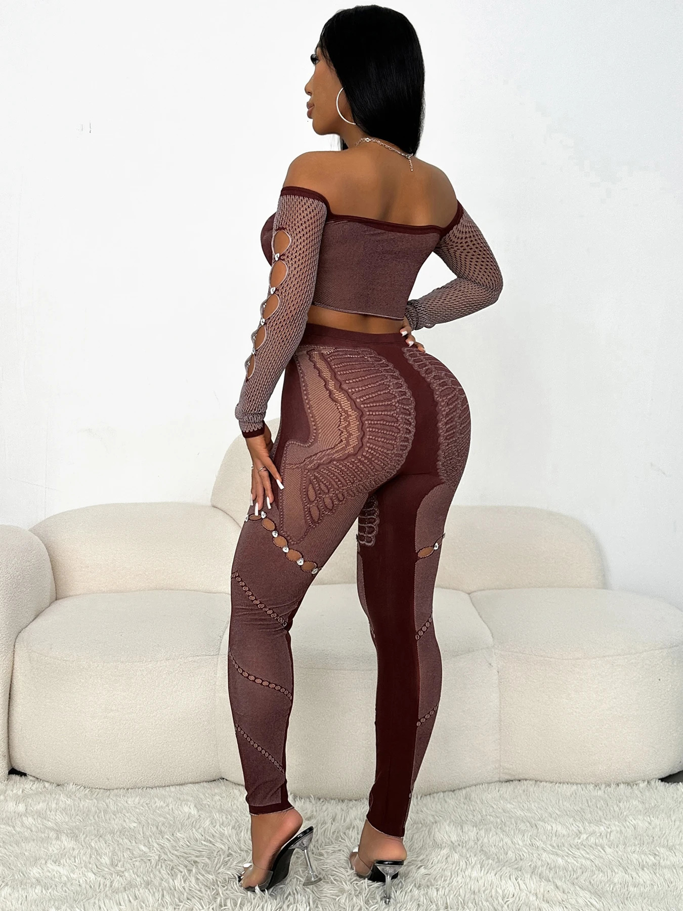 Weird Puss Sexy Thick Women 2Piece Set Chic Hollow Rhinestones Slash Neck Crop TopsPatchwork Leggings Stretch Matching Clubwear 250314