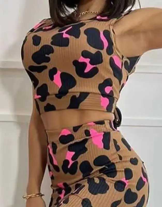 Two Piece Dress 2 Piece Set Women Outfit Summer Fashion Leopard Print Tied Detail Round Neck Slvel Backl Top High Waist Slit Skirt Set Y2503151NHO