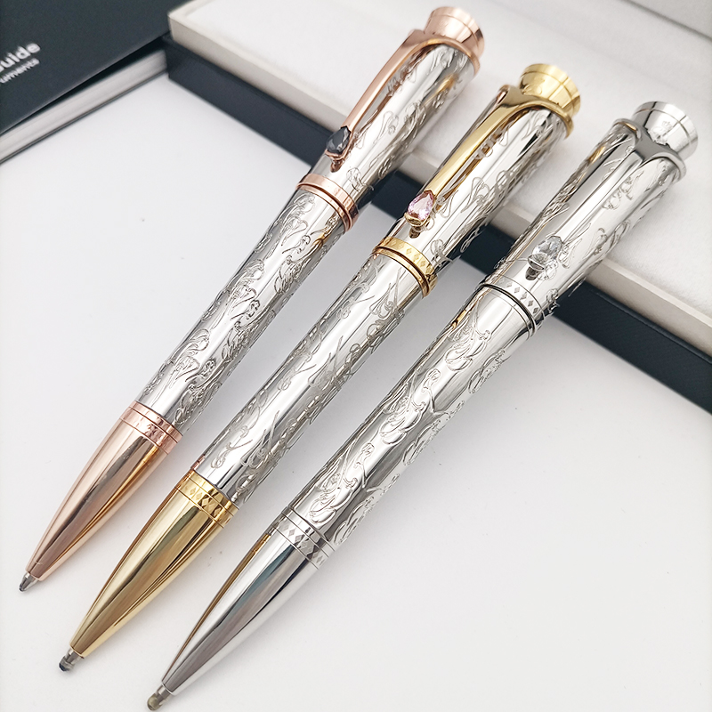 2026--wholesale Promotion Pen Grace Kelly Silver Carving Rollerball Ballpoint Pen With Teardrop Shape Diamond Stone Clip Writing Smooth Great Actress